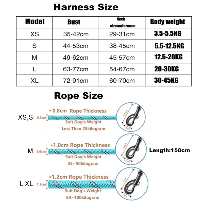 Pet Dogs Adjustable Harness Small and Large Dog Harness Vest,150cm Strong Dog Leash Pet Leashes Reflective Leash Drag Pull Tow