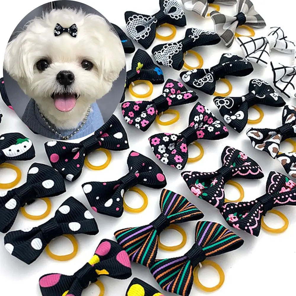 Set Cute Yorkie Pet Bows Small Dog Grooming Accessories Rubber Bands Puppy Black White  Plaid Dogs Bows Headwear Pet Items