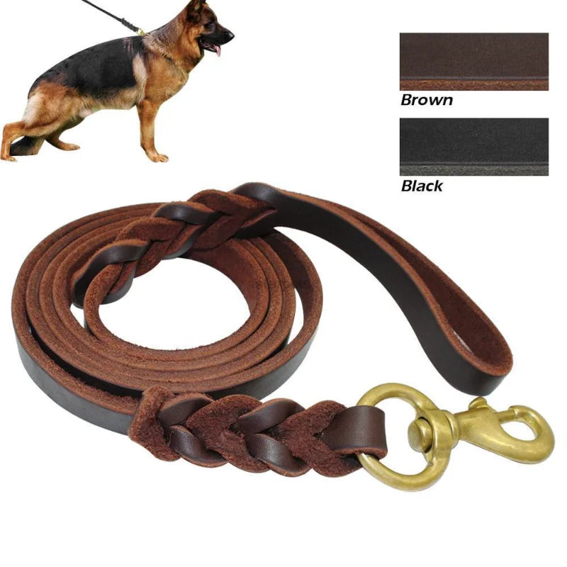 Genuine Leather Dog Leash Dogs Long Leashes Braided Pet Walking Training Leads Brown Black Colors for Medium Large Pet